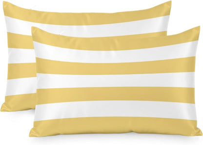 Lemon Yellow Striped Pillow Cases Standard Size Set of 2, Modern Yellow Stripes Farmhouse Satin Pillowcase with Zipper for Hair/Skin, Decorative Pillow Covers for Bed/Couch/Sofa, 20x26 Inches