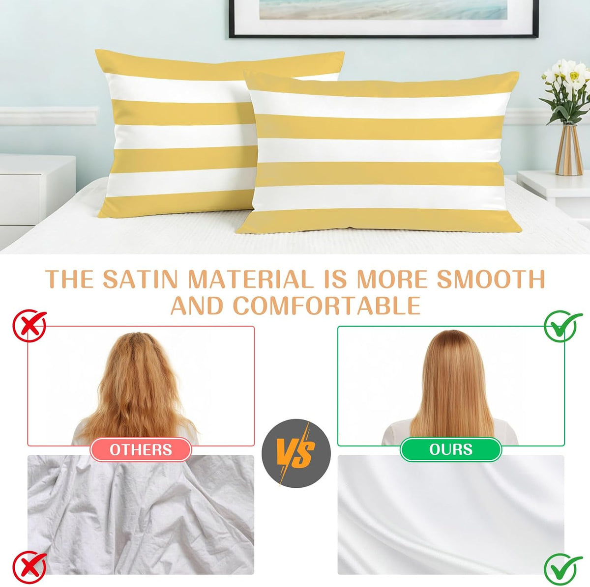 Lemon Yellow Striped Pillow Cases Standard Size Set of 2, Modern Yellow Stripes Farmhouse Satin Pillowcase with Zipper for Hair/Skin, Decorative Pillow Covers for Bed/Couch/Sofa, 20x26 Inches