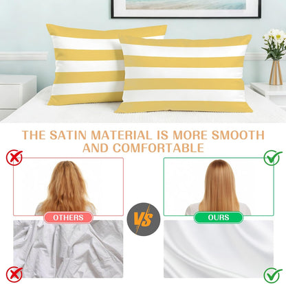 Lemon Yellow Striped Pillow Cases Standard Size Set of 2, Modern Yellow Stripes Farmhouse Satin Pillowcase with Zipper for Hair/Skin, Decorative Pillow Covers for Bed/Couch/Sofa, 20x26 Inches