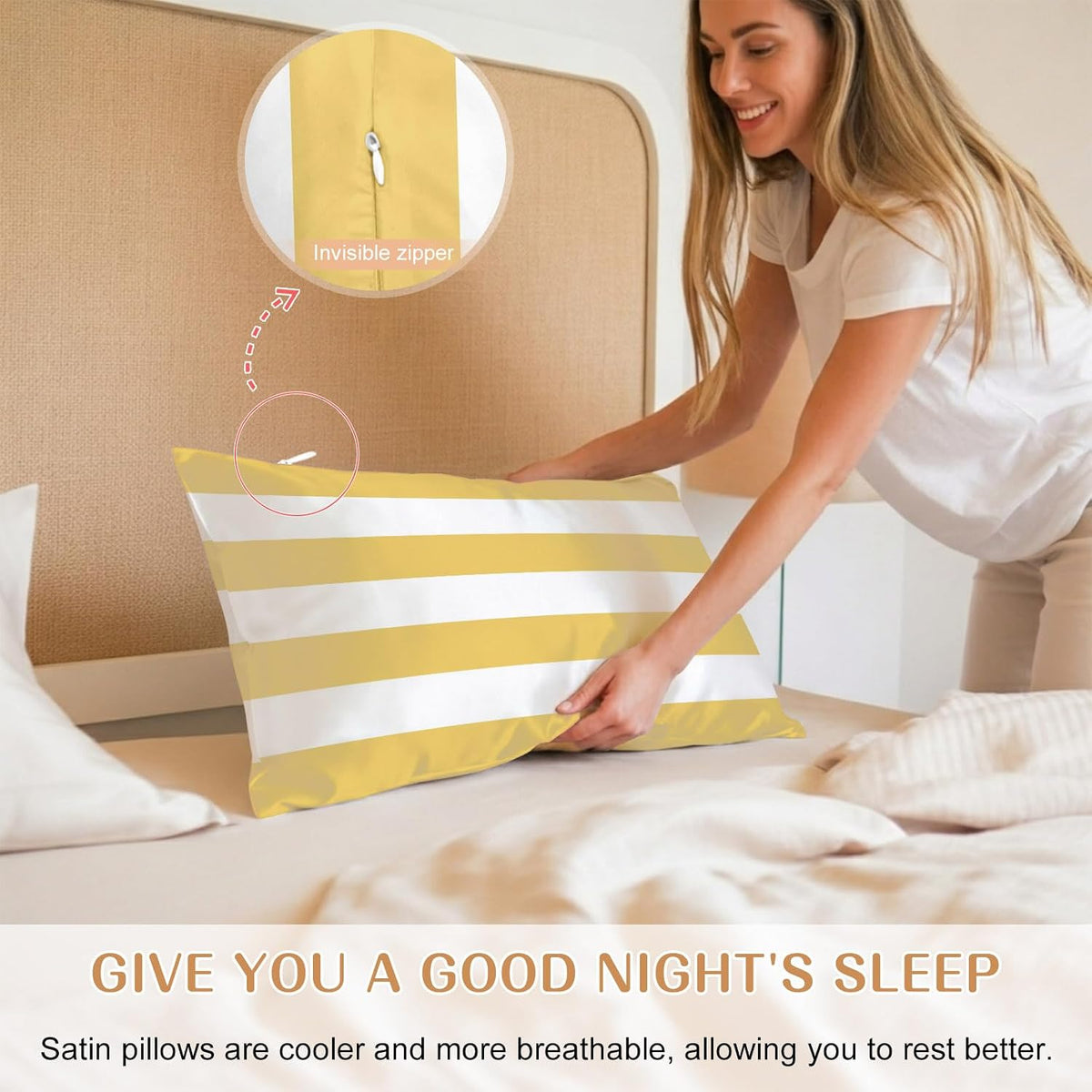 Lemon Yellow Striped Pillow Cases Standard Size Set of 2, Modern Yellow Stripes Farmhouse Satin Pillowcase with Zipper for Hair/Skin, Decorative Pillow Covers for Bed/Couch/Sofa, 20x26 Inches