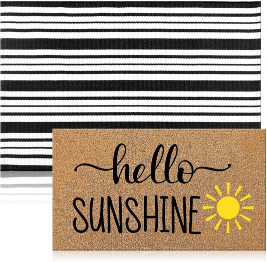 2 Pcs Summer Coir Doormat Outdoor, Hello Sunshine Mats, Non Slip