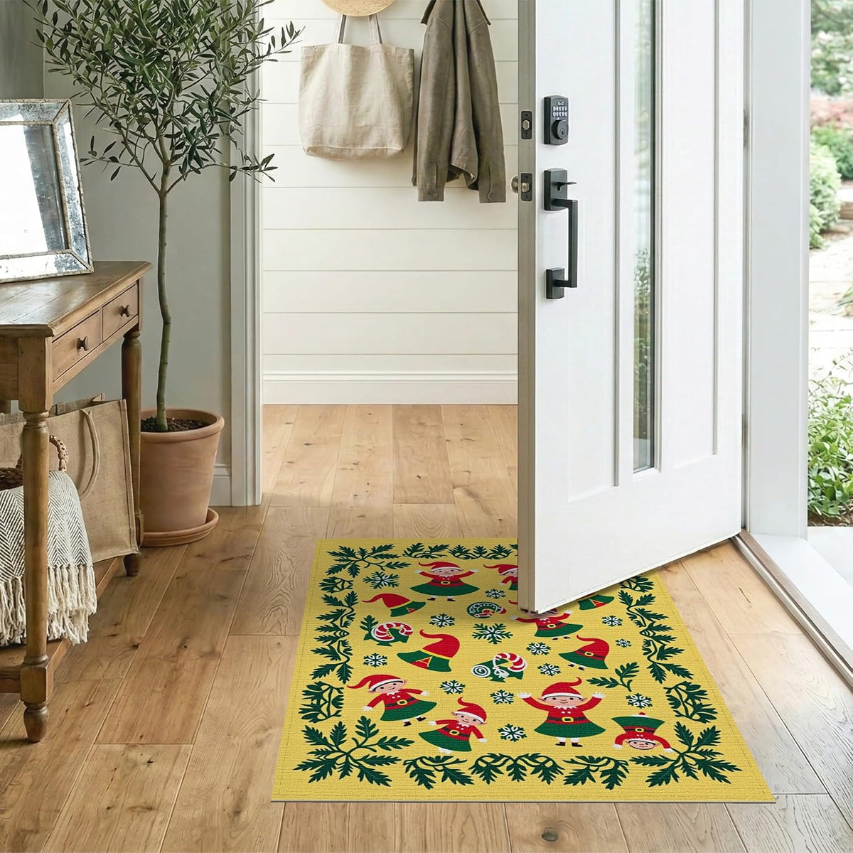 Flatwoven High Traffic Area Rug 2x3, Christmas Elf Bathroom Featuring Jolly Winter Woodland Characters, Non Slip, Stain Resistant, Washable Area Rugs for Living Room, Bedroom (Yellow, 2x3)