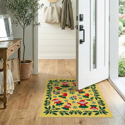 Flatwoven High Traffic Area Rug 2x3, Christmas Elf Bathroom Featuring Jolly Winter Woodland Characters, Non Slip, Stain Resistant, Washable Area Rugs for Living Room, Bedroom (Yellow, 2x3)