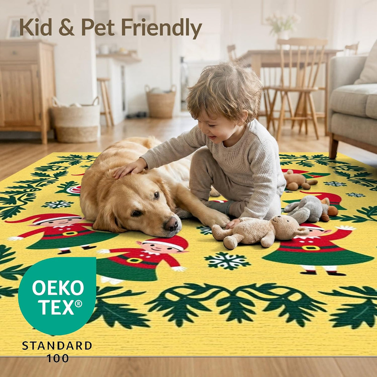 Flatwoven High Traffic Area Rug 2x3, Christmas Elf Bathroom Featuring Jolly Winter Woodland Characters, Non Slip, Stain Resistant, Washable Area Rugs for Living Room, Bedroom (Yellow, 2x3)