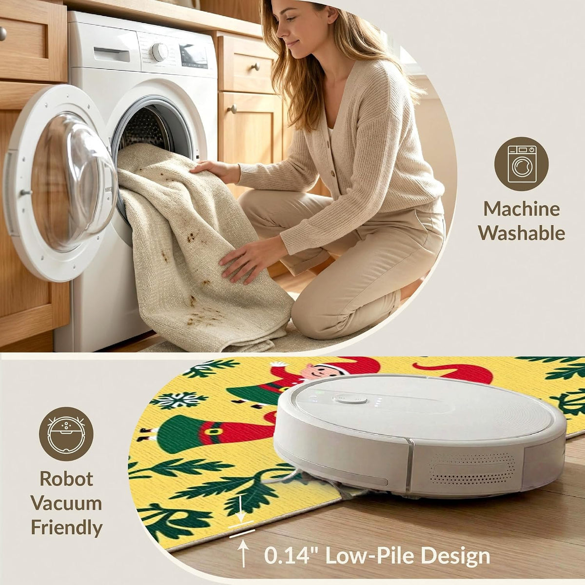 Flatwoven High Traffic Area Rug 2x3, Christmas Elf Bathroom Featuring Jolly Winter Woodland Characters, Non Slip, Stain Resistant, Washable Area Rugs for Living Room, Bedroom (Yellow, 2x3)