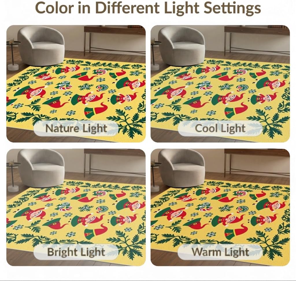 Flatwoven High Traffic Area Rug 2x3, Christmas Elf Bathroom Featuring Jolly Winter Woodland Characters, Non Slip, Stain Resistant, Washable Area Rugs for Living Room, Bedroom (Yellow, 2x3)