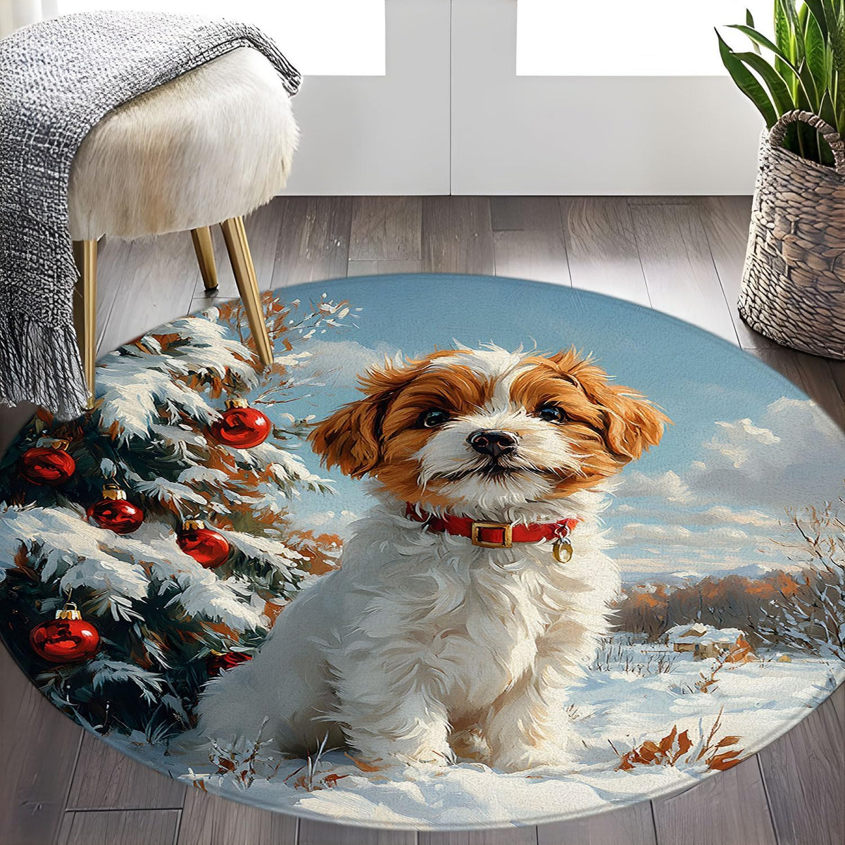 Winter Dog Round Rug 2ft-Cute Dog Xmas Pine Tree Ball Snowy Forest Yellow Leaves Snowflake Pet Snow Holiday Bathroom Rug Microfiber Memory Foam Area Rugs for Living Room Kitchen Bath Floor Rugs