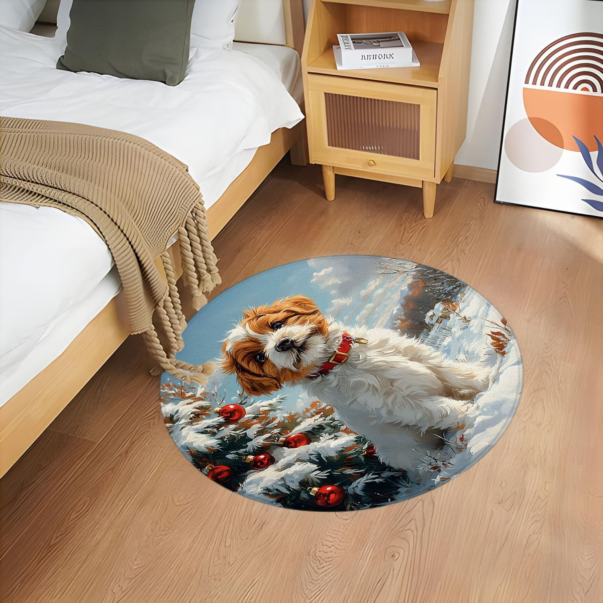 Winter Dog Round Rug 2ft-Cute Dog Xmas Pine Tree Ball Snowy Forest Yellow Leaves Snowflake Pet Snow Holiday Bathroom Rug Microfiber Memory Foam Area Rugs for Living Room Kitchen Bath Floor Rugs