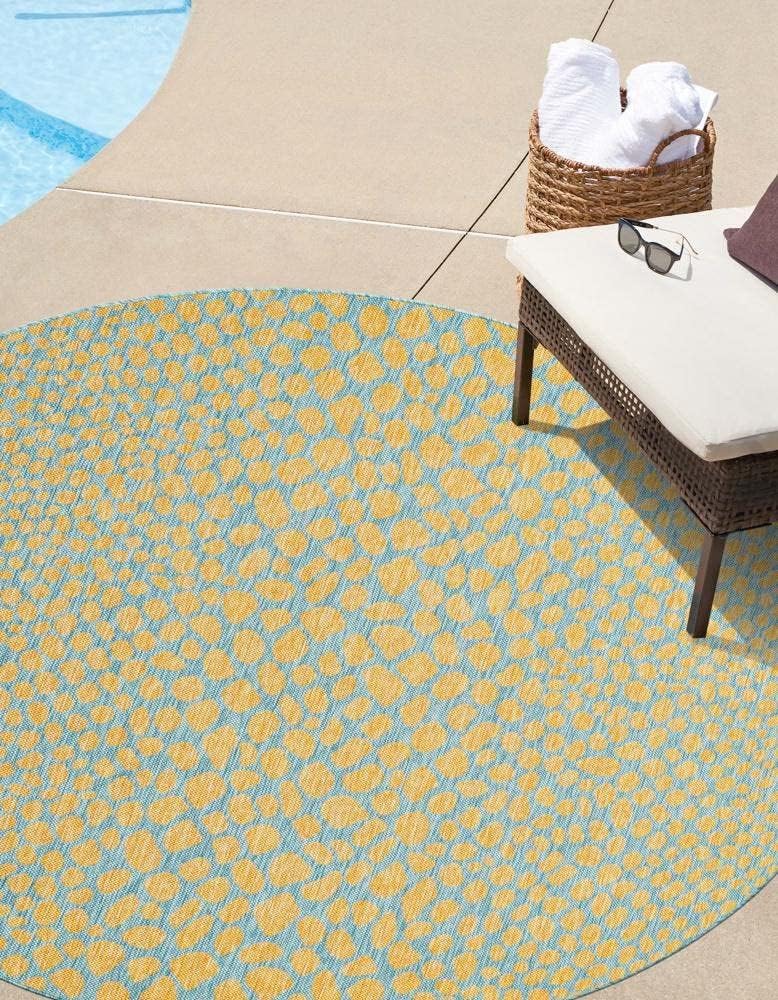 Jill Zarin Jill Zarin Outdoor Collection Area Rug - Cape Town (6' 7" Round, Yellow and Aqua/Light Blue)