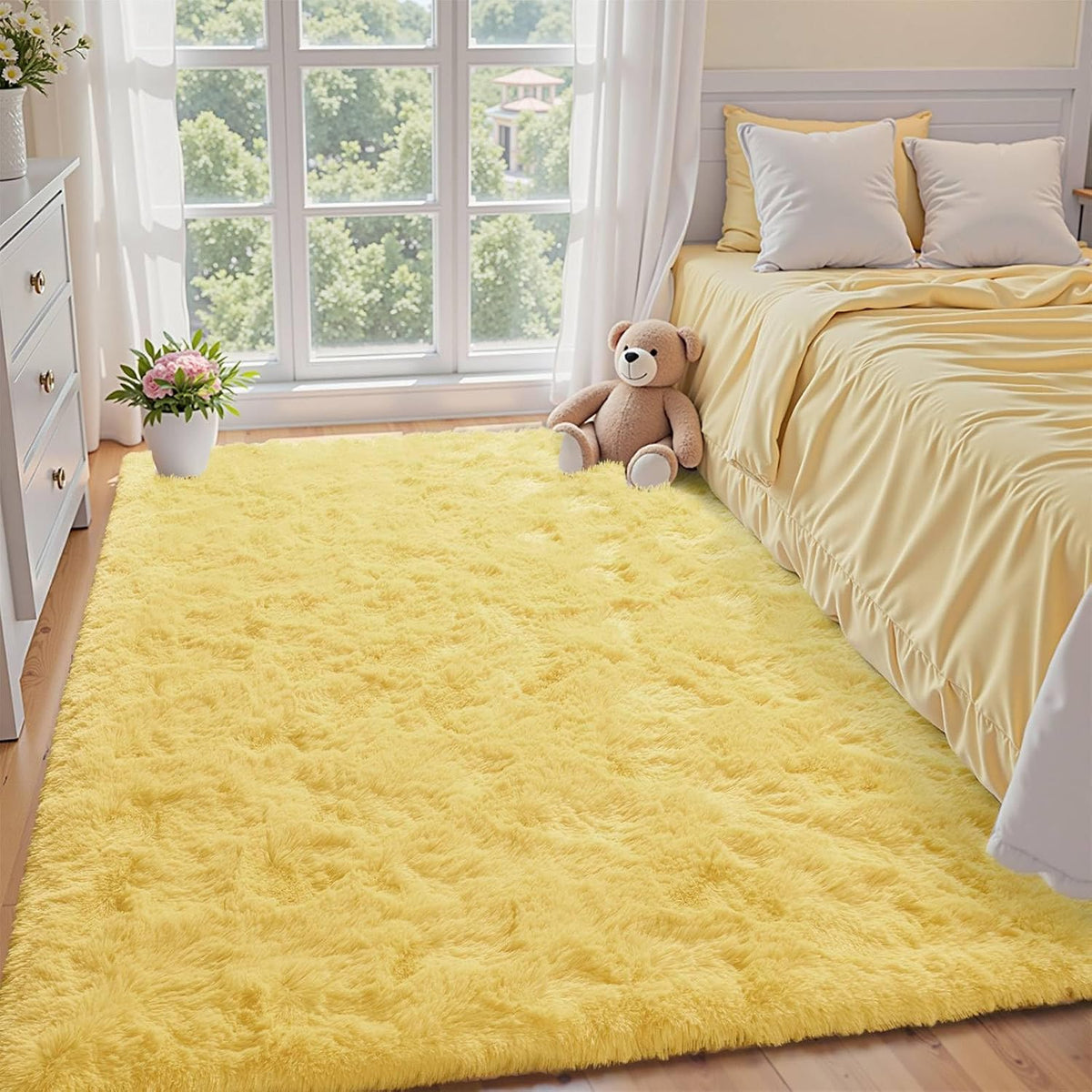 Yellow Rug for Bedroom Shag Area Rugs 4x6 Fluffy Living Room Plush Carpet Non Slip for Nursery Kids PlayRoom Light Color