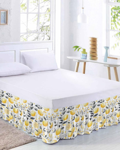 Summer Lemon Bed Skirt Queen Size 16 Inch Drop, Adjustable Elastic Wrap Around Bed Skirts Easy Fitting Dust Ruffle Bedskirt Bed Frame Cover Botanical Yellow Fruits Grey Leaf