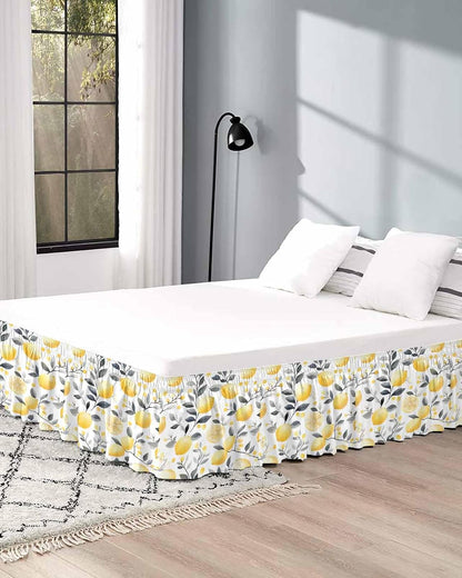 Summer Lemon Bed Skirt Queen Size 16 Inch Drop, Adjustable Elastic Wrap Around Bed Skirts Easy Fitting Dust Ruffle Bedskirt Bed Frame Cover Botanical Yellow Fruits Grey Leaf