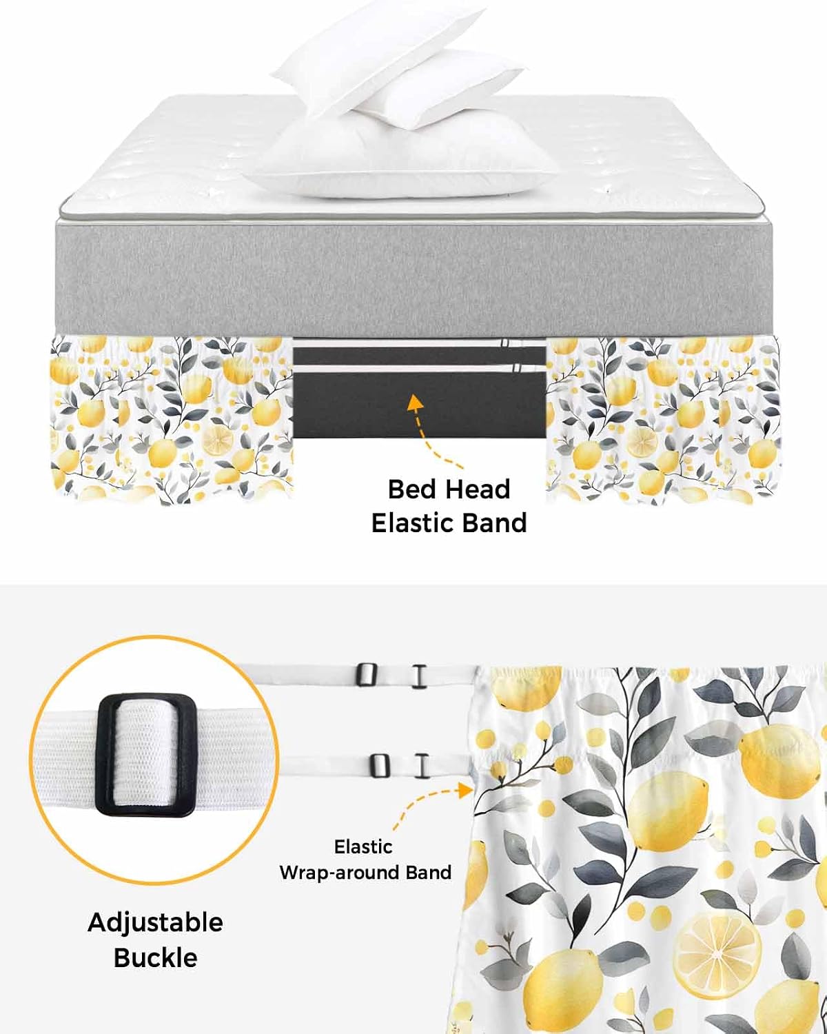 Summer Lemon Bed Skirt Queen Size 16 Inch Drop, Adjustable Elastic Wrap Around Bed Skirts Easy Fitting Dust Ruffle Bedskirt Bed Frame Cover Botanical Yellow Fruits Grey Leaf