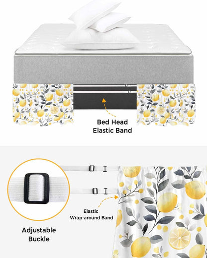 Summer Lemon Bed Skirt Queen Size 16 Inch Drop, Adjustable Elastic Wrap Around Bed Skirts Easy Fitting Dust Ruffle Bedskirt Bed Frame Cover Botanical Yellow Fruits Grey Leaf