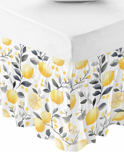 Summer Lemon Bed Skirt Queen Size 16 Inch Drop, Adjustable Elastic Wrap Around Bed Skirts Easy Fitting Dust Ruffle Bedskirt Bed Frame Cover Botanical Yellow Fruits Grey Leaf