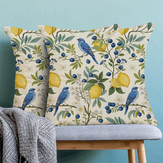 Blue Green Chinoiserie Pillow Covers 18x18 Set of 2 Chinoiserie Blue Bird Yellow Lemon Throw Pillows Outdoor Decorative Vintage Bird Floral Pillowcase Linen Cushion Cases for Bed Sofa Couch