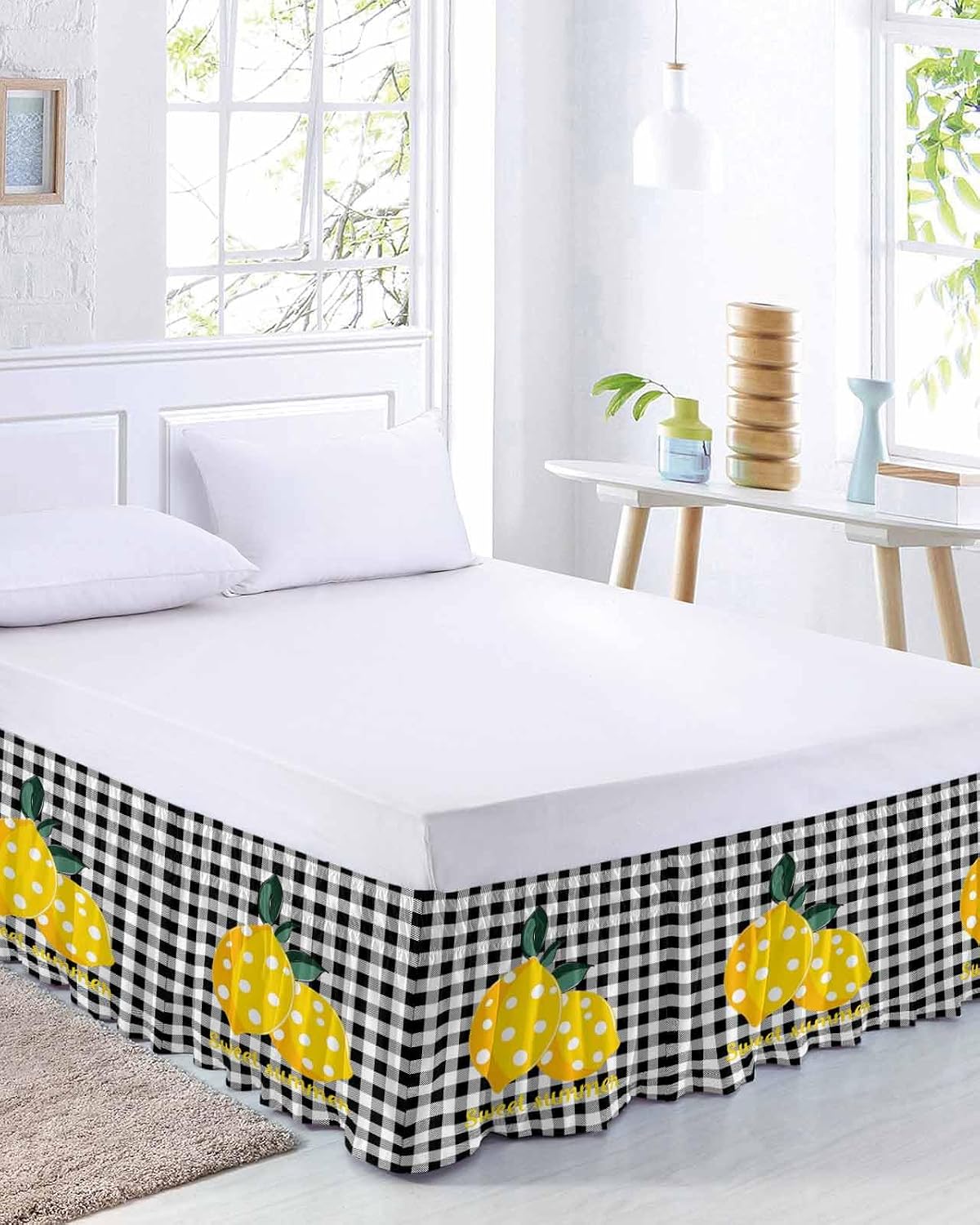 Yellow Lemons Bed Skirt Queen Size 16 Inch Drop, Adjustable Elastic Wrap Around Bed Skirts Easy Fitting Dust Ruffle Bedskirt Bed Frame Cover Summer Botanical Black White Plaid Farmhouse