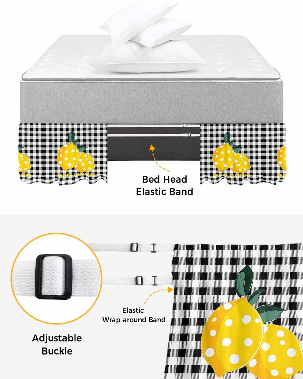Yellow Lemons Bed Skirt Queen Size 16 Inch Drop, Adjustable Elastic Wrap Around Bed Skirts Easy Fitting Dust Ruffle Bedskirt Bed Frame Cover Summer Botanical Black White Plaid Farmhouse