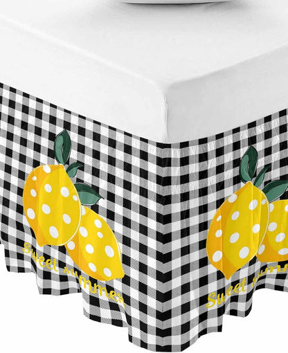 Yellow Lemons Bed Skirt Queen Size 16 Inch Drop, Adjustable Elastic Wrap Around Bed Skirts Easy Fitting Dust Ruffle Bedskirt Bed Frame Cover Summer Botanical Black White Plaid Farmhouse