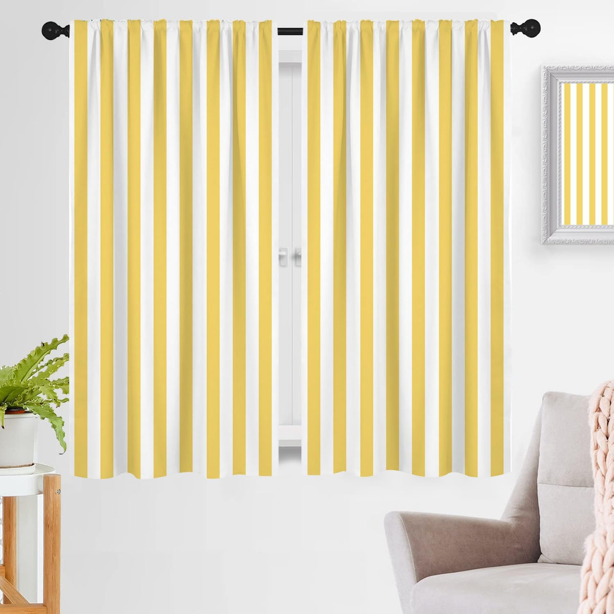 Yellow and White Striped Window Curtains, Modern Farmhouse Vertical Stripe 63 Inch Length 2 Panels, Boho Retro Rod Pocket Drapes for Nursery Kids Room Bedroom, 42" W x 63" L