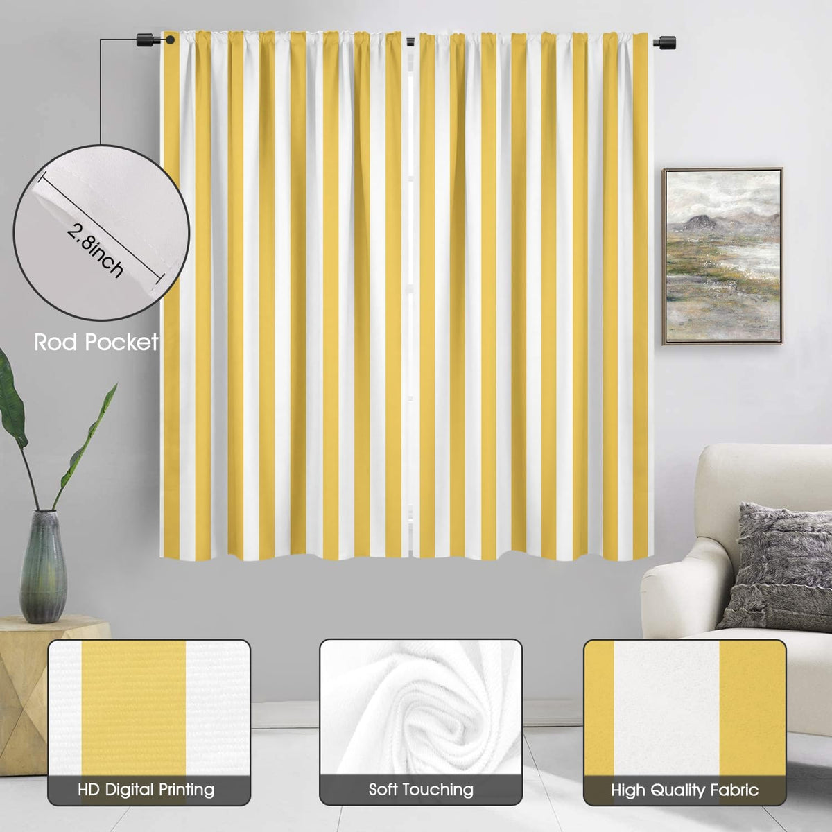Yellow and White Striped Window Curtains, Modern Farmhouse Vertical Stripe 63 Inch Length 2 Panels, Boho Retro Rod Pocket Drapes for Nursery Kids Room Bedroom, 42" W x 63" L