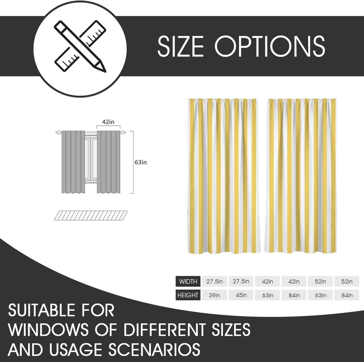 Yellow and White Striped Window Curtains, Modern Farmhouse Vertical Stripe 63 Inch Length 2 Panels, Boho Retro Rod Pocket Drapes for Nursery Kids Room Bedroom, 42" W x 63" L