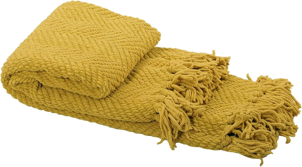 Yellow Throw Blanket Knitted Tweed Throw 60'' x 80'', Lemon Curry, Super Soft Cozy Warm Comfortable Breathable Throw for Living Room Chair Couch Bed Sofa Bedroom Home Décor