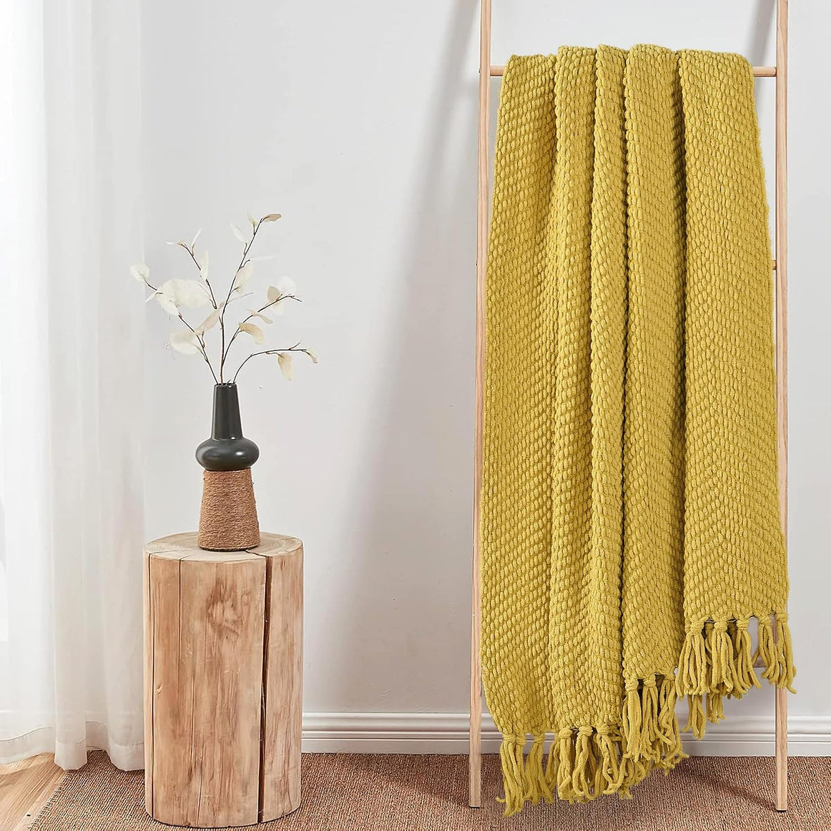 Yellow Throw Blanket Knitted Tweed Throw 60'' x 80'', Lemon Curry, Super Soft Cozy Warm Comfortable Breathable Throw for Living Room Chair Couch Bed Sofa Bedroom Home Décor