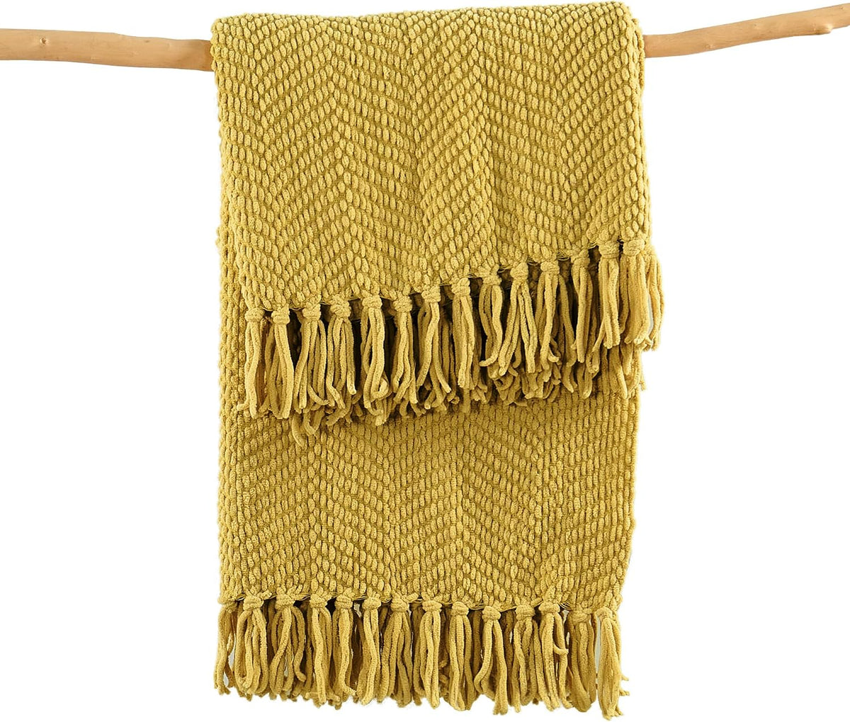 Yellow Throw Blanket Knitted Tweed Throw 60'' x 80'', Lemon Curry, Super Soft Cozy Warm Comfortable Breathable Throw for Living Room Chair Couch Bed Sofa Bedroom Home Décor