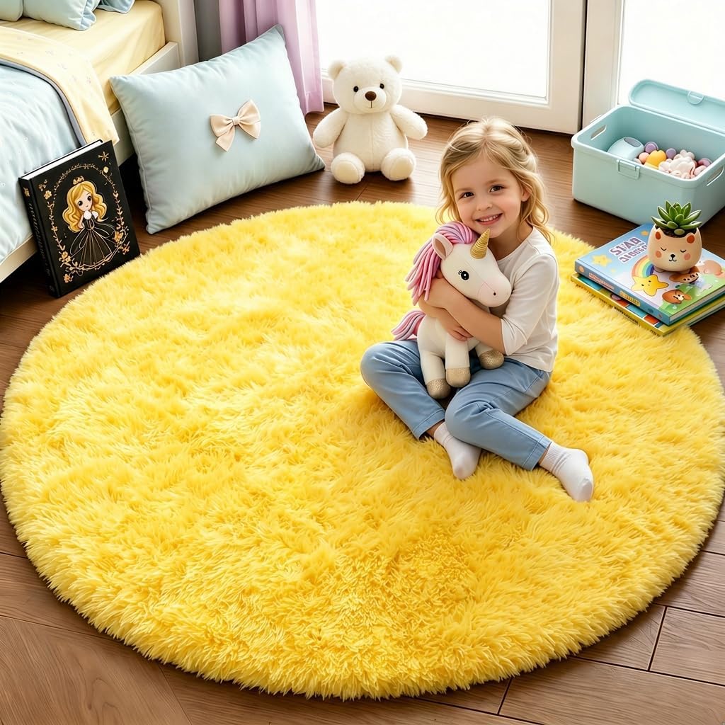 Round Area Rugs 5Ft, Fluffy Yellow Carpets for Bedroom Girls,Cute Rug for Girls Room,Fuzzy Rug for Playroom,Circle Rugs for Kids Room,Shag Furry Carpet Rugs for Reading Nook, Baby Room