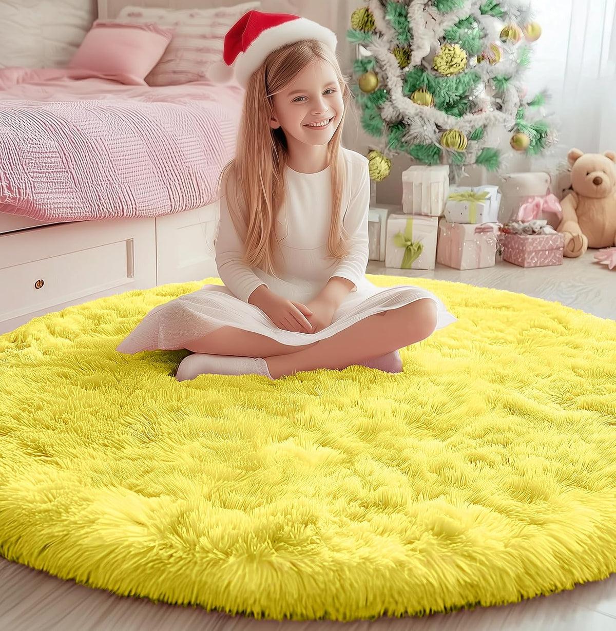 Round Area Rugs 5Ft, Fluffy Yellow Carpets for Bedroom Girls,Cute Rug for Girls Room,Fuzzy Rug for Playroom,Circle Rugs for Kids Room,Shag Furry Carpet Rugs for Reading Nook, Baby Room