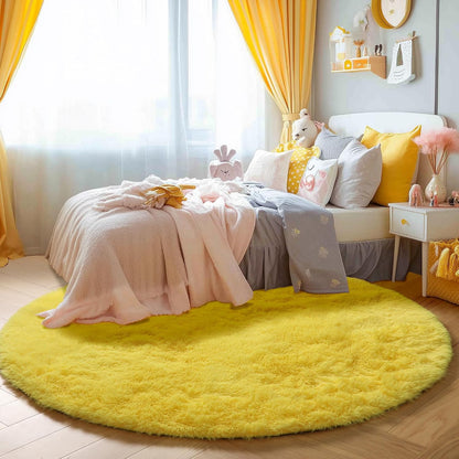 Round Area Rugs 5Ft, Fluffy Yellow Carpets for Bedroom Girls,Cute Rug for Girls Room,Fuzzy Rug for Playroom,Circle Rugs for Kids Room,Shag Furry Carpet Rugs for Reading Nook, Baby Room