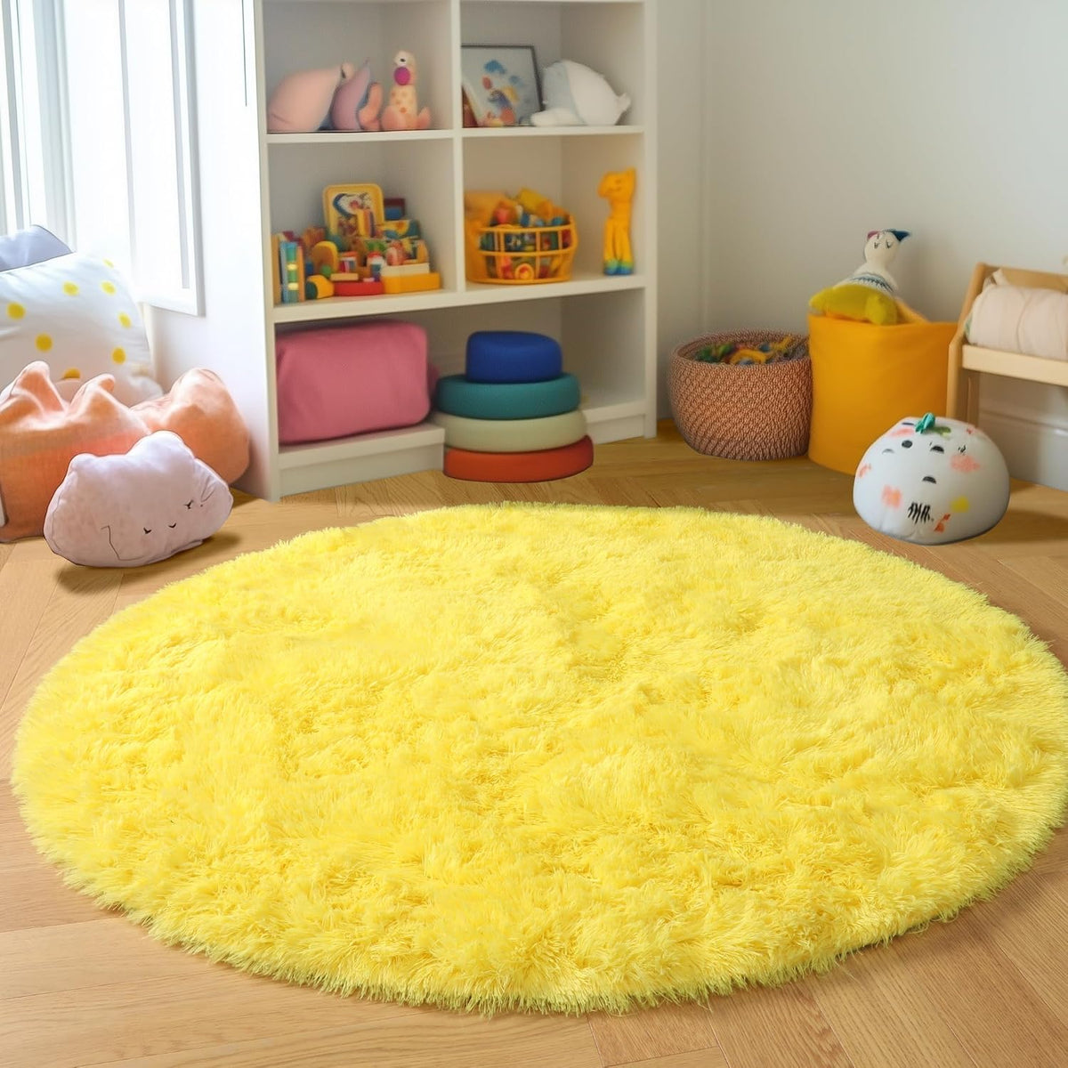 Round Area Rugs 5Ft, Fluffy Yellow Carpets for Bedroom Girls,Cute Rug for Girls Room,Fuzzy Rug for Playroom,Circle Rugs for Kids Room,Shag Furry Carpet Rugs for Reading Nook, Baby Room
