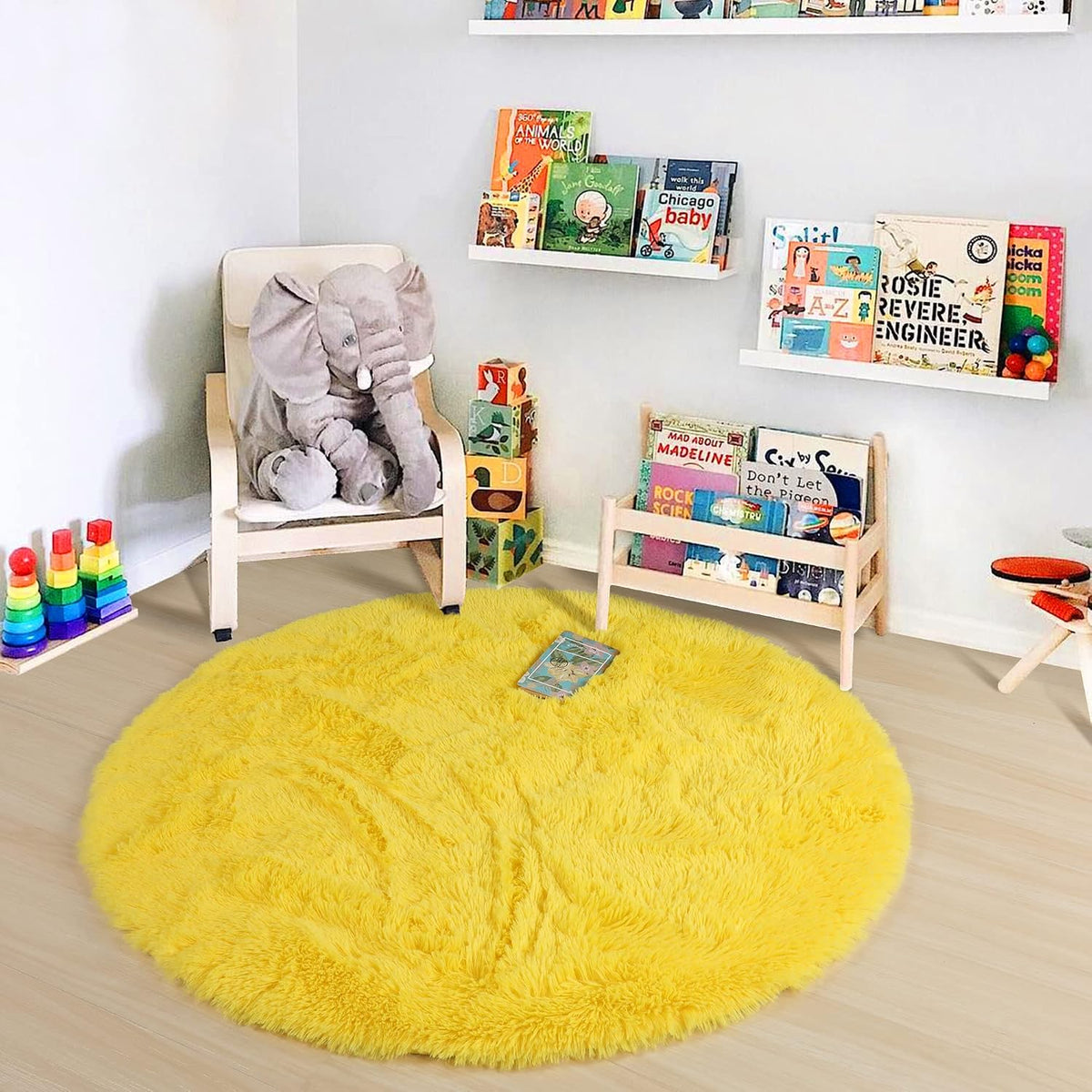 Round Area Rugs 5Ft, Fluffy Yellow Carpets for Bedroom Girls,Cute Rug for Girls Room,Fuzzy Rug for Playroom,Circle Rugs for Kids Room,Shag Furry Carpet Rugs for Reading Nook, Baby Room