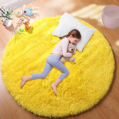 Round Area Rugs 5Ft, Fluffy Yellow Carpets for Bedroom Girls,Cute Rug for Girls Room,Fuzzy Rug for Playroom,Circle Rugs for Kids Room,Shag Furry Carpet Rugs for Reading Nook, Baby Room