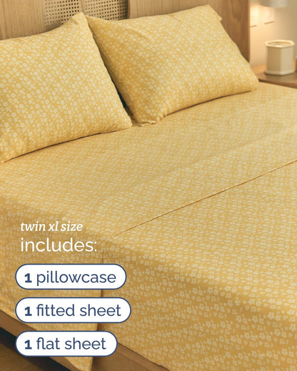 Twin XL 3 Piece Floral Sheet Set - Breathable & Cooling - Yellow Meadow