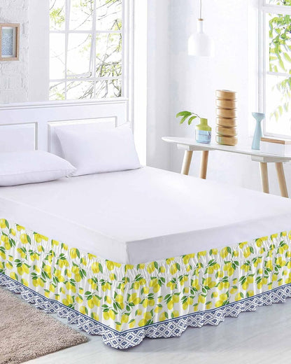 Yellow Lemons Bed Skirt Queen Size 16 Inch Drop, Adjustable Elastic Wrap Around Bed Skirts Easy Fitting Dust Ruffle Bedskirt Bed Frame Cover Watercolor Summer Botanical Elegant Pastoral