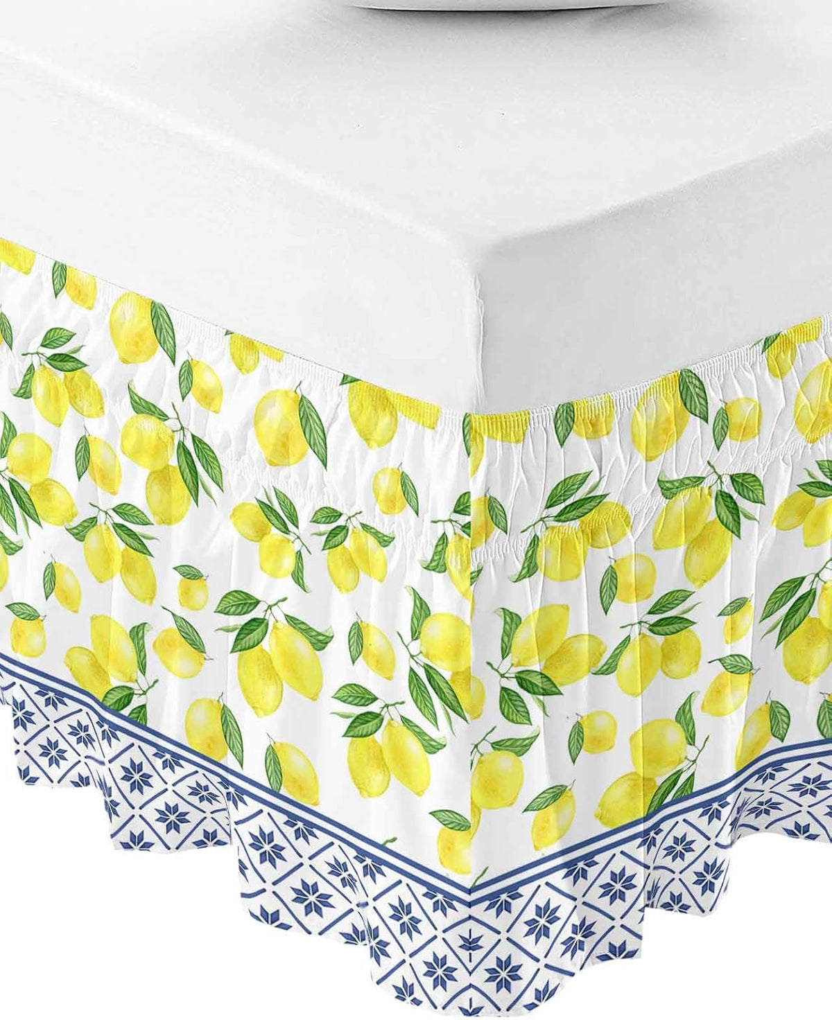 Yellow Lemons Bed Skirt Queen Size 16 Inch Drop, Adjustable Elastic Wrap Around Bed Skirts Easy Fitting Dust Ruffle Bedskirt Bed Frame Cover Watercolor Summer Botanical Elegant Pastoral