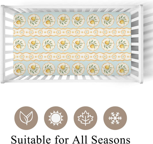 Vintage Lemon Fruit Floral Stripes Baby Crib Sheet for Boys & Girls 28x52 Inch Yellow Lemons Baby Sheet for Standard Crib and Toddler Mattress Summer Frame Bed Sheets