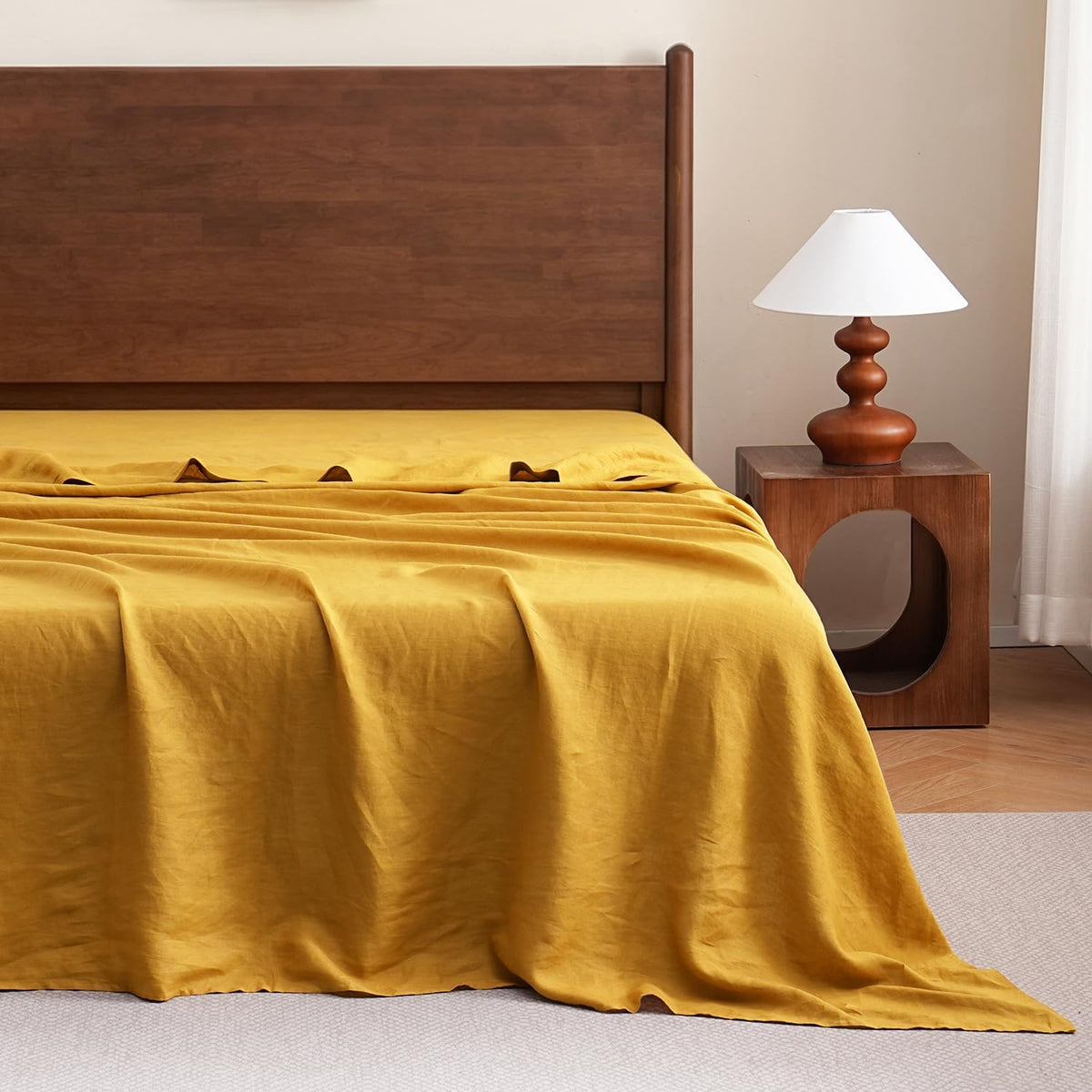 100% Organic Linen Flat Sheet Queen Size Only 1 Piece-Stone Washed French Flax Bed Sheet,Soft Flat Top Sheet Breathable(90"x102",Yellow)