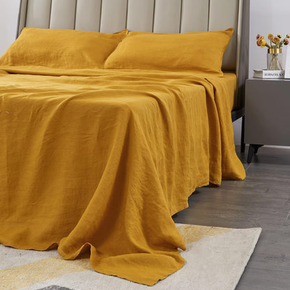 100% Organic Linen Flat Sheet Queen Size Only 1 Piece-Stone Washed French Flax Bed Sheet,Soft Flat Top Sheet Breathable(90"x102",Yellow)