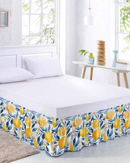 Summer Lemon Bed Skirt Queen Size 16 Inch Drop, Adjustable Elastic Wrap Around Bed Skirts Easy Fitting Dust Ruffle Bedskirt Bed Frame Cover Spring Pastoral Watercolor Fruit Blue Yellow