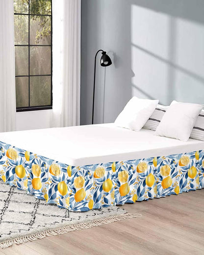 Summer Lemon Bed Skirt Queen Size 16 Inch Drop, Adjustable Elastic Wrap Around Bed Skirts Easy Fitting Dust Ruffle Bedskirt Bed Frame Cover Spring Pastoral Watercolor Fruit Blue Yellow