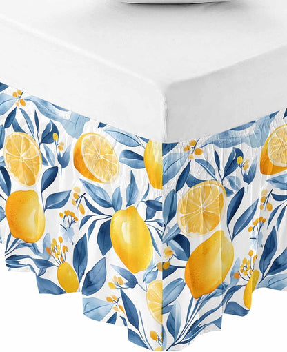 Summer Lemon Bed Skirt Queen Size 16 Inch Drop, Adjustable Elastic Wrap Around Bed Skirts Easy Fitting Dust Ruffle Bedskirt Bed Frame Cover Spring Pastoral Watercolor Fruit Blue Yellow