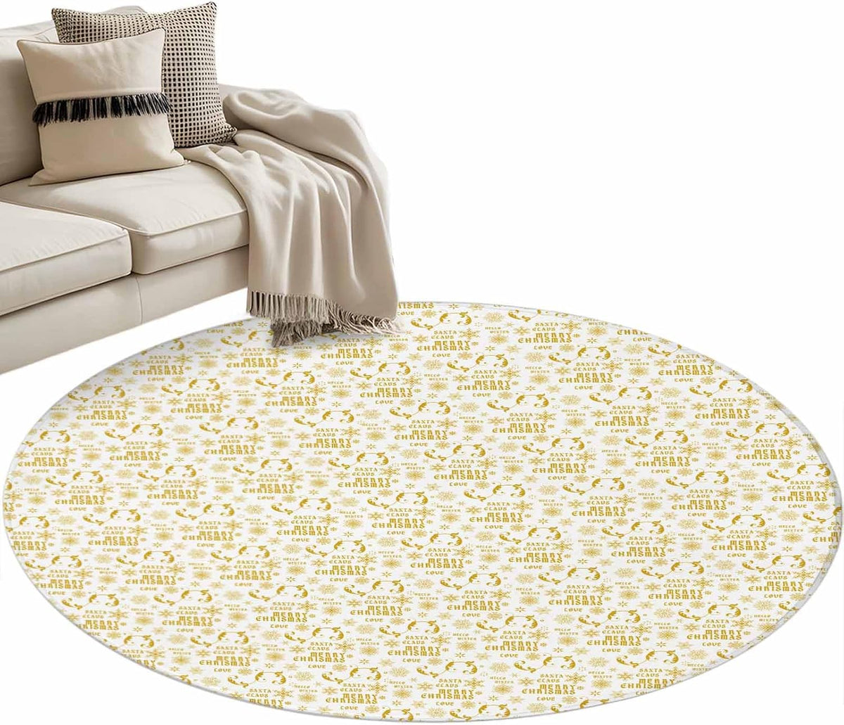 Round Area Rug 3.3ft,Yellow Christmas Winter Snowflakes Washable Circle Carpet Non-Slip Runner Accent Rugs Indoor Floor Mat for Bedroom Living Room Decor,White Background