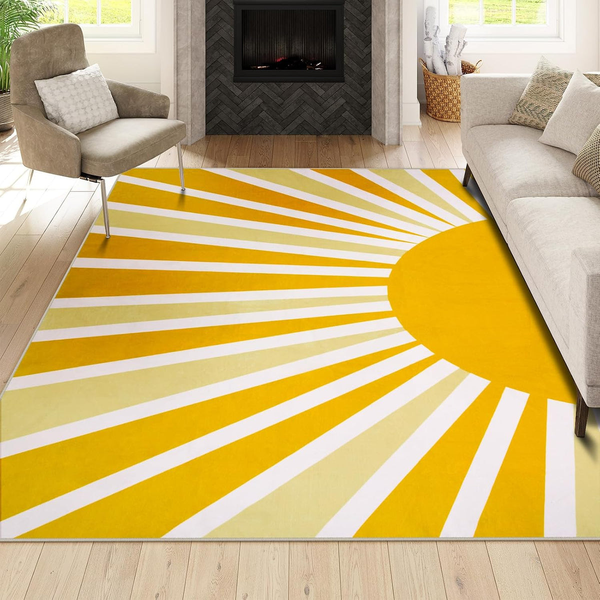 Yellow Rainbow Sun Area Rug 5x7, Classroom Rug