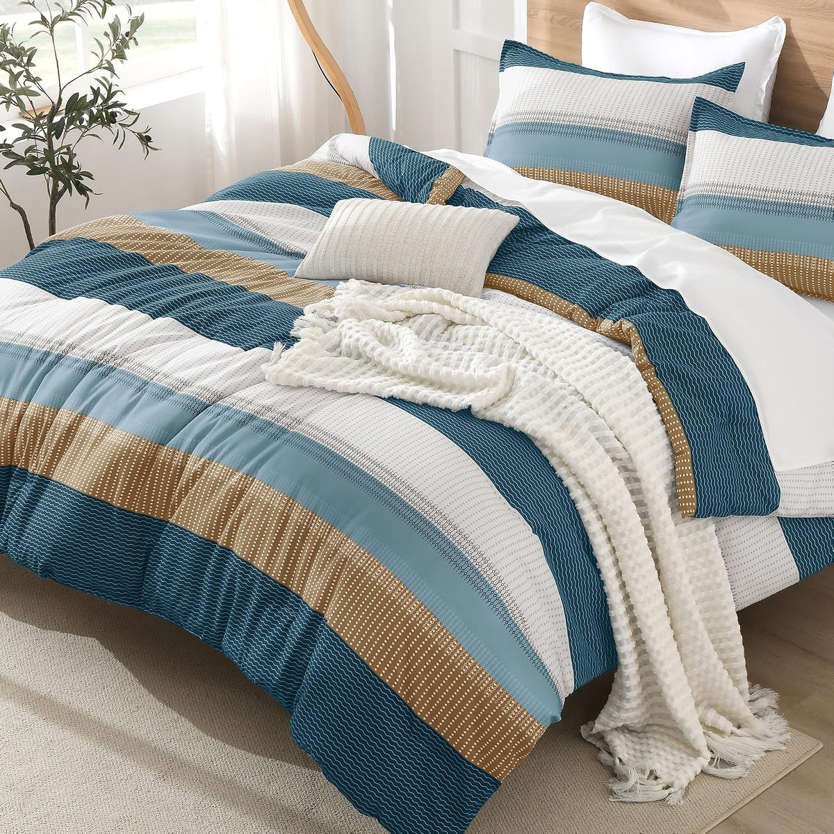 Queen Comforter Set - 3 Pieces Stripe Bedding Comforter Sets