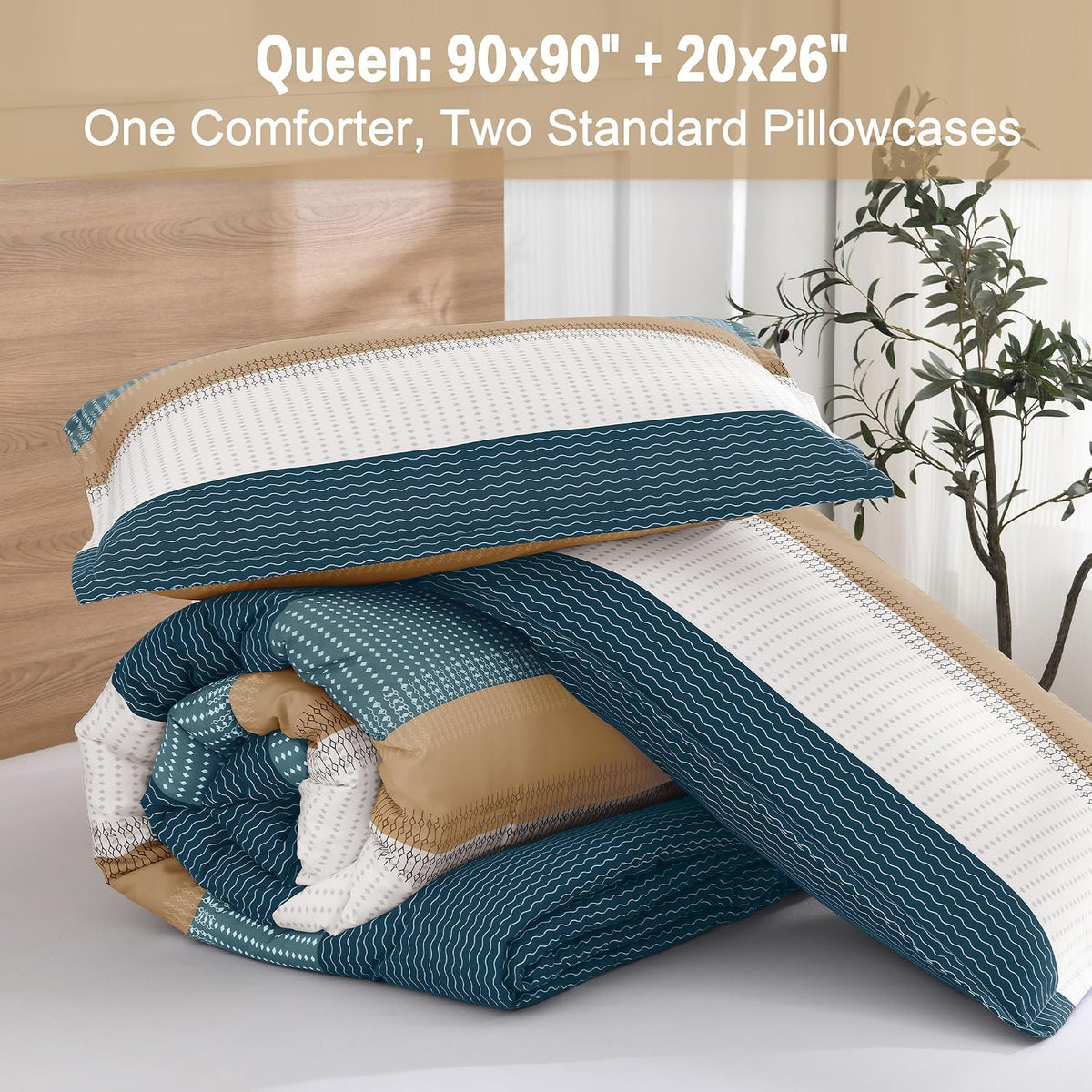 Queen Comforter Set - 3 Pieces Stripe Bedding Comforter Sets