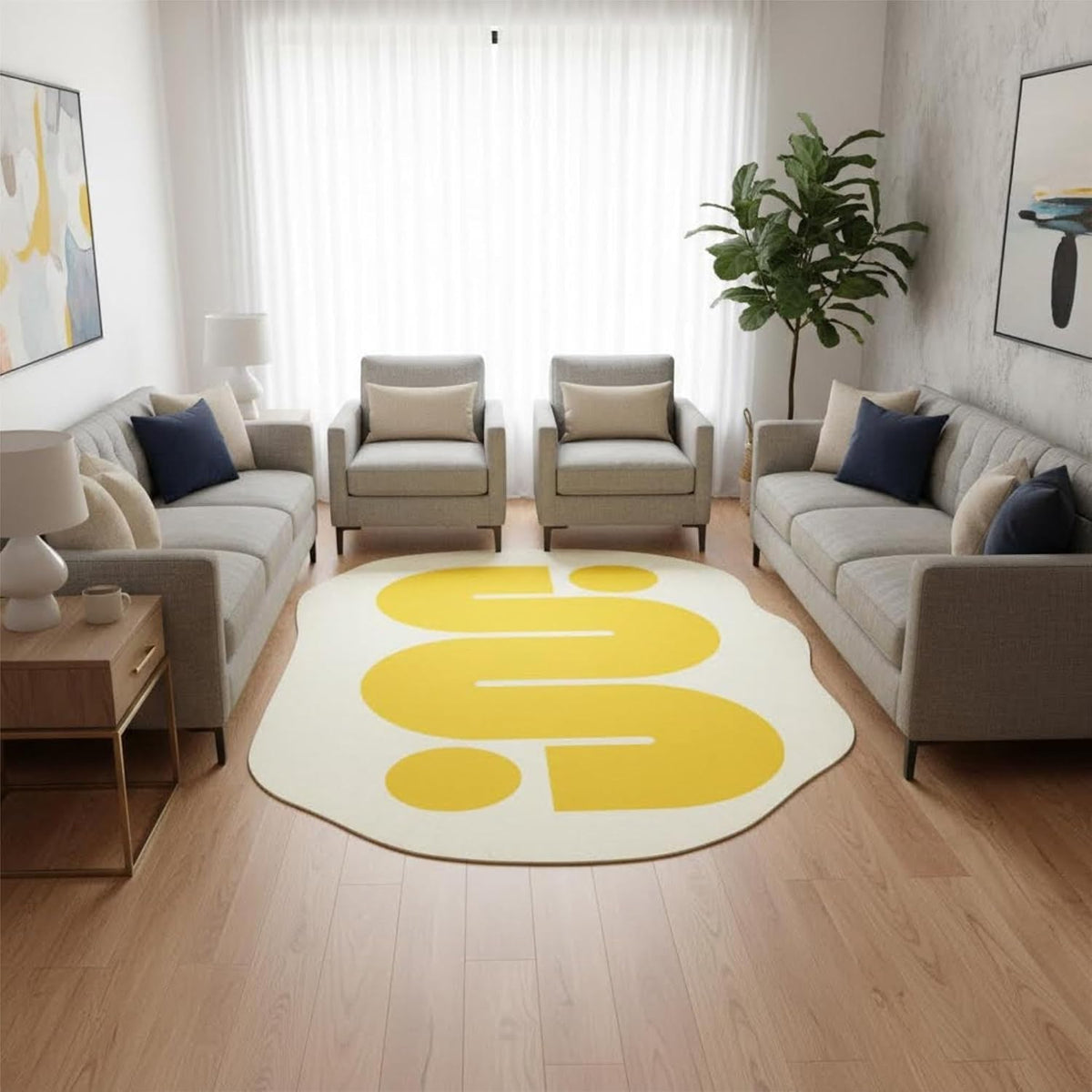 Modern Minimalist Geometric Area Rug 2x3 Abstract Irregular Shaped Rugs for Livingroom Bedroom Dining Room Bright Yellow Cream Art Deco Soft Carpet Nursery Dorm Mats Washable Non Skid Large Rugs