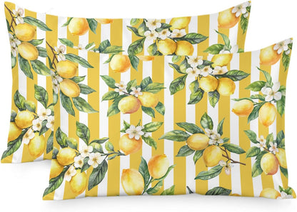 Lemon Leaves Pillow Cases Standard Size Set of 2, Yellow Vertical Stripes Spring Flowers Satin Pillowcase with Zipper for Hair/Skin, Decorative Pillow Covers for Bed/Couch/Sofa, 20x26 Inches